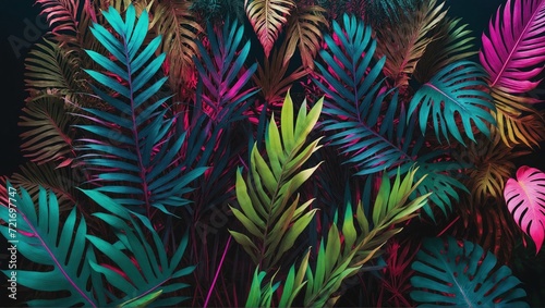 Glossy and vibrant tropical leaves under bright neon lights, shades of pink, blue, yellow, green, set against a dark background, artistically rendered in 3D