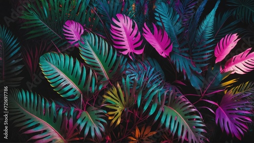 Glossy and vibrant tropical leaves under bright neon lights  shades of pink  blue  yellow  green  set against a dark background  artistically rendered in 3D