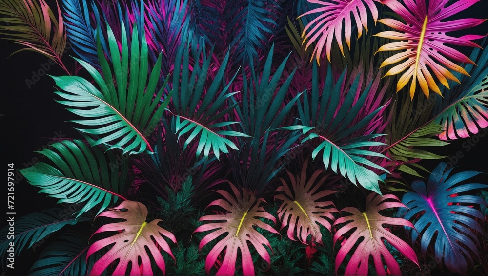 Tropical leaves captured in a neon glow on a dark background, with hues of pink, blue, yellow, green, in a 3D rendering focused on aesthetics