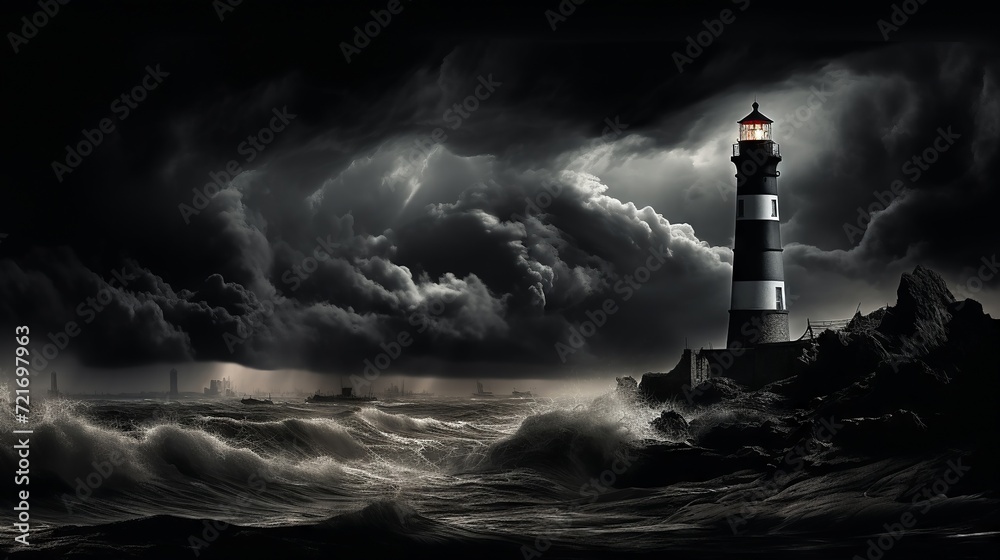 Digital art piece featuring a monochrome lighthouse during a thunderstorm, with a stark contrast of light and shadows