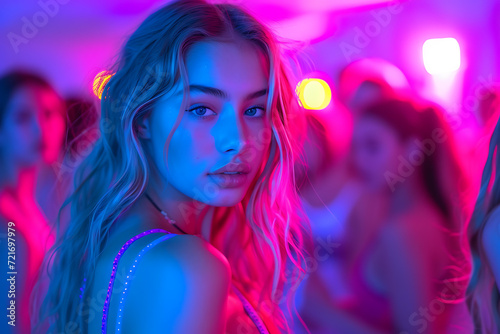 At the College House Party: Group of Friends Have Fun, Dancing and Socializing. Neon Lights Illuminating Room