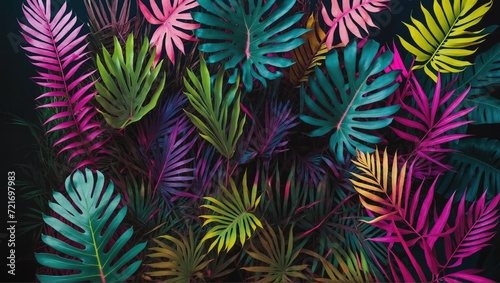 Glossy and vibrant tropical leaves under bright neon lights  shades of pink  blue  yellow  green  set against a dark background  artistically rendered in 3D