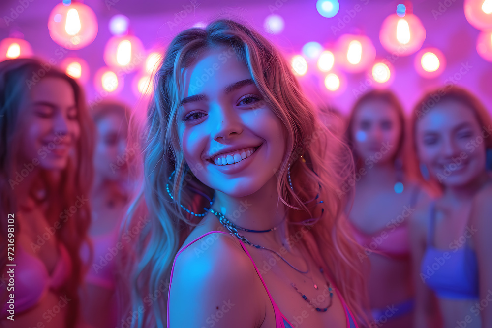 At the College House Party: Group of Friends Have Fun, Dancing and Socializing. Neon Lights Illuminating Room At the College House Party: Group of Friends Have Fun, Dancing and Socializing. Neon Lights Illuminating Room