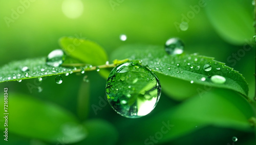 Beauty transparent drop of water on a green leaf macro with sun glare. Beautiful artistic image of environment nature in spring or summer.