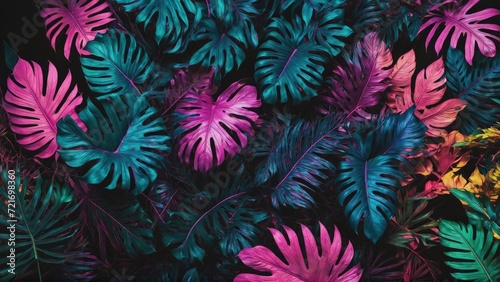 Tropical leaves in a neon glow of pink, blue, yellow, green, lying on a dark surface, 3D rendered to highlight aesthetic beauty