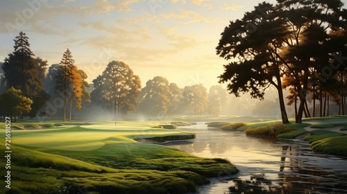 An oil painting of an early morning golf scene with a dew-covered course and a soft, misty background