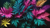 Tropical leaves in a neon glow of pink, blue, yellow, green, lying on a dark surface, 3D rendered to highlight aesthetic beauty
