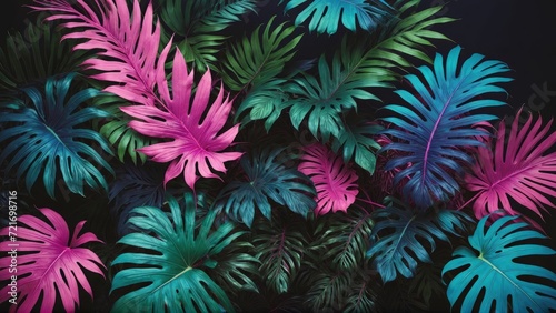 Tropical leaves in a neon glow of pink  blue  yellow  green  lying on a dark surface  3D rendered to highlight aesthetic beauty
