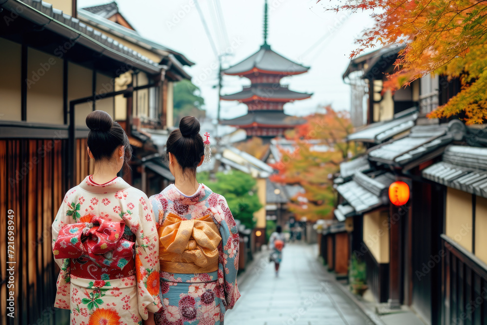 Asian woman wearing japanese traditional kimono at Yasaka Pagoda and Sannen Zaka Street in Kyoto, Japan