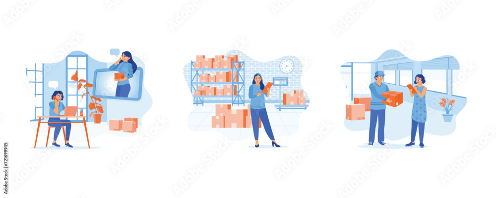 Young woman shopping online from home. The businesswoman is checking merchandise in the warehouse. Woman checking and signing the delivery form. set flat vector modern illustration