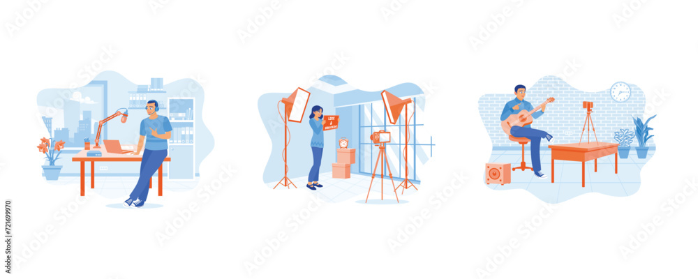  Content Creator concept. Young woman recording video using professional camera equipment. Young man playing guitar. set flat vector modern illustration 