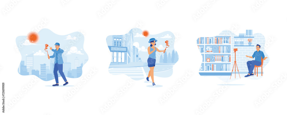 Man in hat creates video content using a modern camera. A young woman in a hat creates content outdoors. Content Creator. set flat vector modern illustration Man in hat creates video content using a modern camera. A young woman in a hat creates content outdoors. Content Creator. set flat vector modern illustration