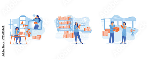 Young woman shopping online from home. The businesswoman is checking merchandise in the warehouse. Woman checking and signing the delivery form. set flat vector modern illustration