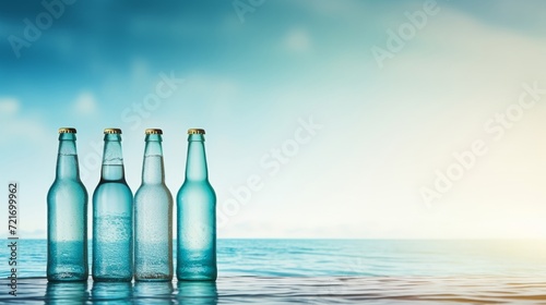 glowing beer bottles with cool tones and a blurred, serene seaside setting