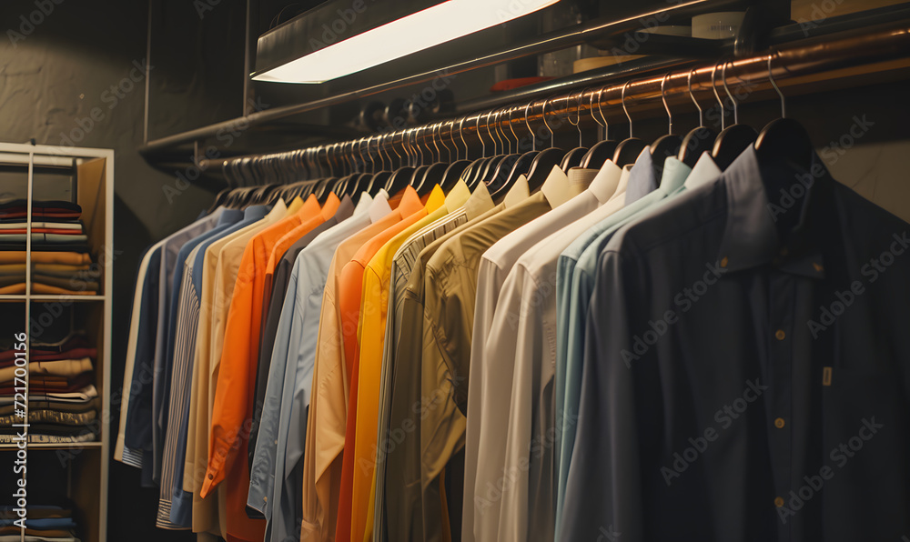 a row of shirts hanging on a rail in a room , Generative AI a row of shirts hanging on a rail in a room , Generative AI