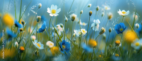 a wild meadow with white and blue flowers and blue sky