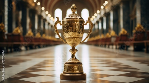 Classic golden trophy with intricate engravings, displayed on a marble pedestal in a grand hall