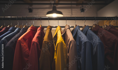 a row of shirts hanging on a rail in a room , Generative AI
