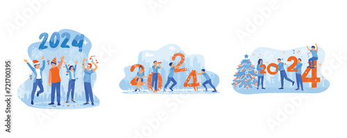 Happy New Year 2024 concept. Happy people are celebrating the new year 2024. Men, women characters, and New Year celebration. Happy feelings are celebrating holidays. set flat vector modern