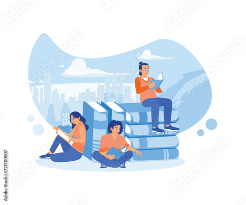 People read books while sitting on a large stack of books. Reading books to take part in a literary festival. Students in the learning process. flat vector modern illustration 