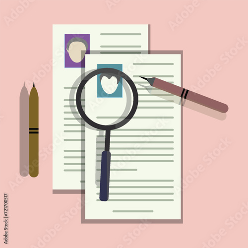 Searching candidates Job vacancy employee hunter documents review Searching with magnifying glasses and pen