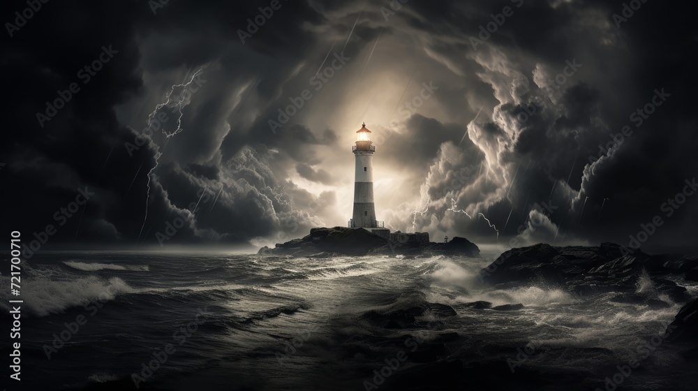 Digital art piece featuring a monochrome lighthouse during a thunderstorm, with a stark contrast of light and shadows - obrazy, fototapety, plakaty 