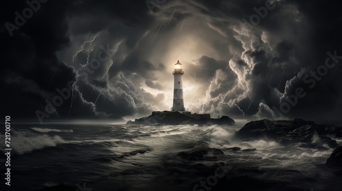 Digital art piece featuring a monochrome lighthouse during a thunderstorm, with a stark contrast of light and shadows photo
