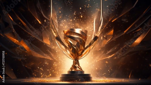 An abstract sci-fi trophy with floating elements and golden light beams against a cosmic background