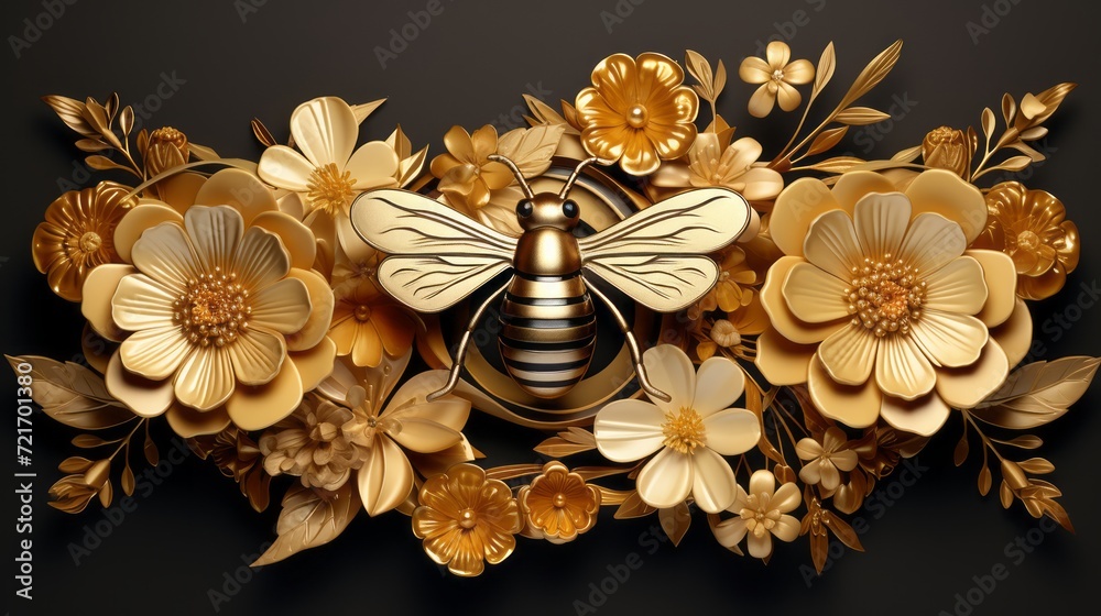 An art deco style poster, with a streamlined design of honey and flowers, using metallic golds and silvers An art deco style poster, with a streamlined design of honey and flowers, using metallic golds and silvers