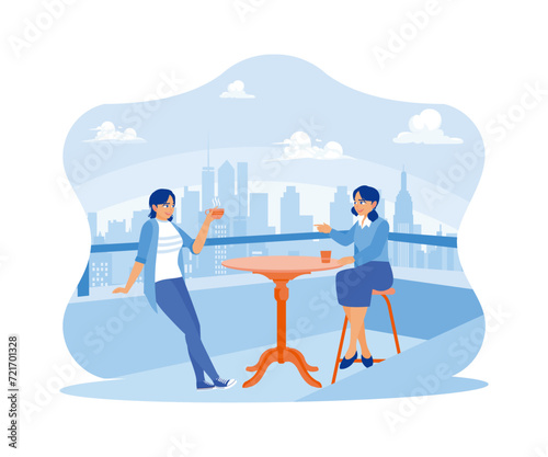 Two women are relaxing in the rooftop garden, drinking coffee and smiling happily. Smiling woman friends drinking tea at home. flat vector modern illustration 