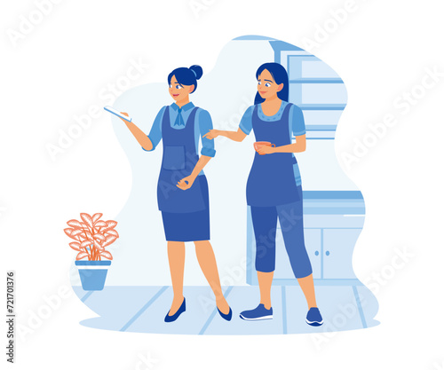 A cheerful female coworker is standing and smiling in a casual coffee shop. Smiling woman friends drinking tea at home. flat vector modern illustration