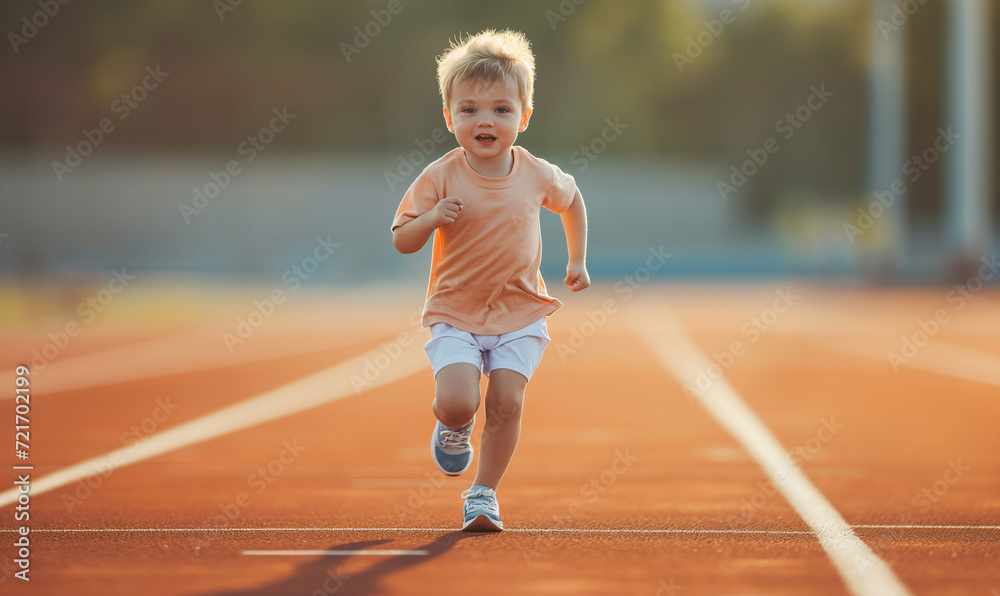 Little boy running during exercise class at stadium