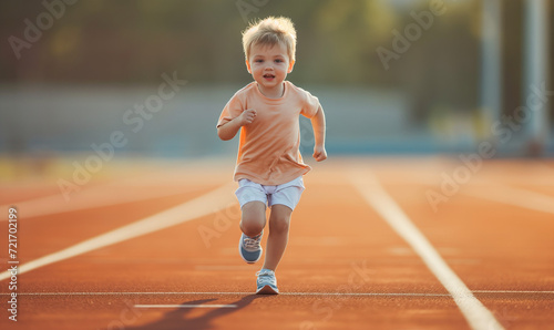 Little boy running during exercise class at stadium © Natali