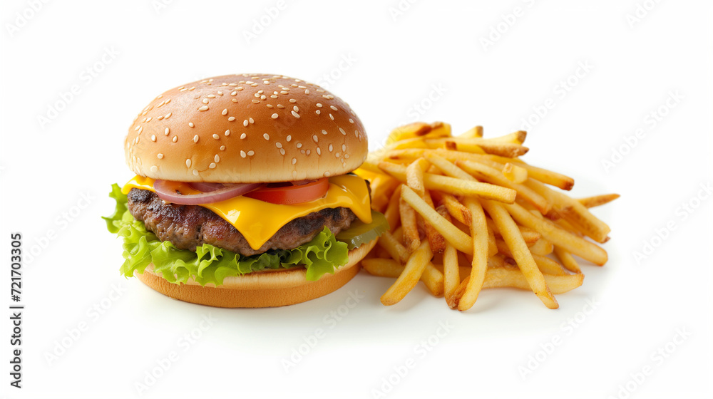 Cheeseburger with a side of thin shoe string fries isolated on a white background Cheeseburger with a side of thin shoe string fries isolated on a white background