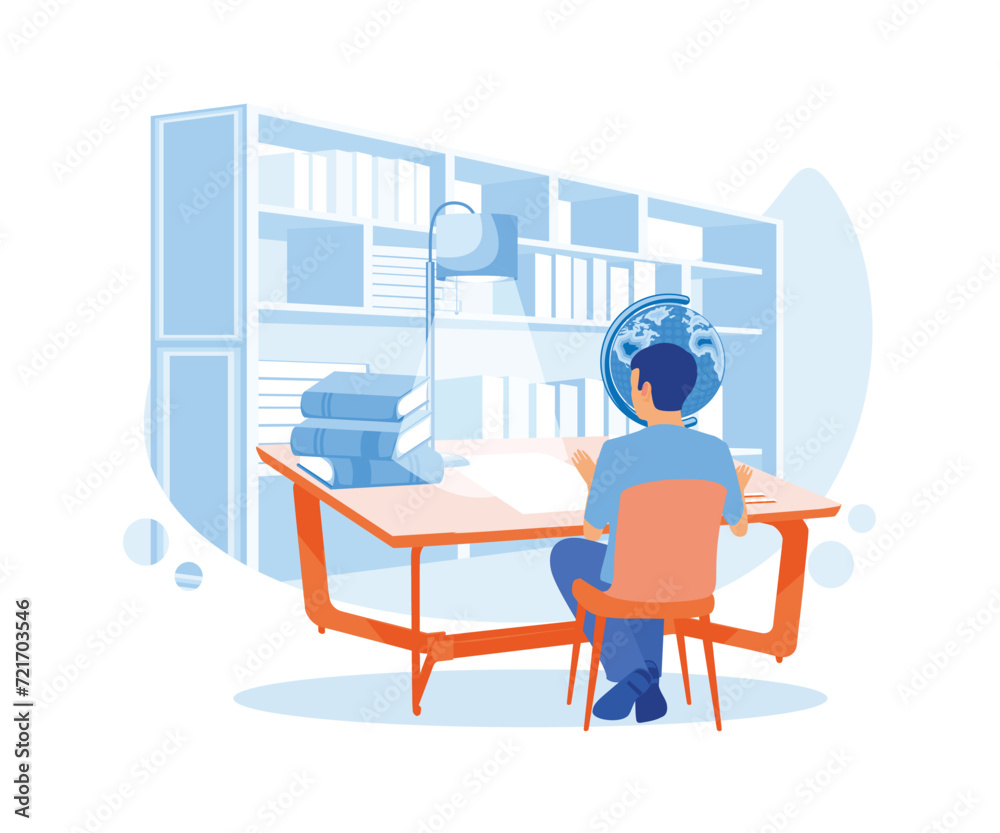 Students sit behind desks and study online using computers with work desks, school backpacks, book globes, etc. Students in the learning process. flat vector modern illustration Students sit behind desks and study online using computers with work desks, school backpacks, book globes, etc. Students in the learning process. flat vector modern illustration