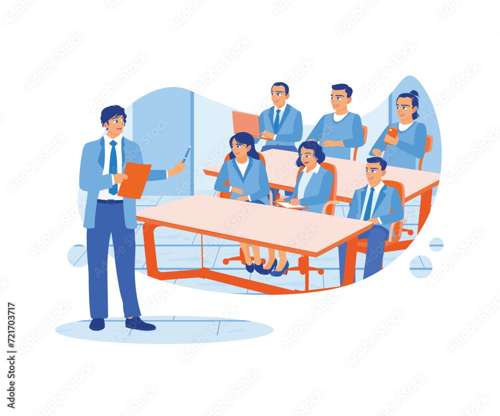 The male leader provides initial process guidance at a training session for employees. Selective focus. Students in the learning process. flat vector modern illustration 