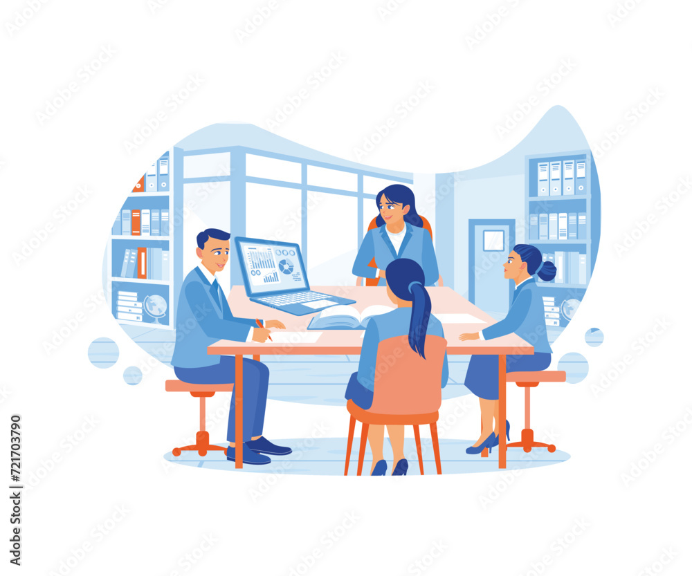 A group of cheerful students sat at a table in the library, discussing learning to write a document on a laptop. Students in the learning process. flat vector modern illustration 