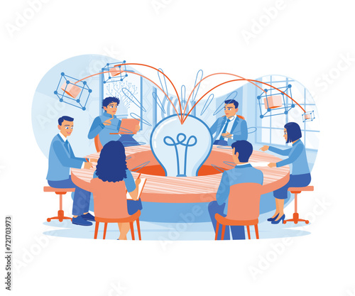  Business people work to analyze and plan project management, financial reporting, and strategy in the office. Team communication. flat vector modern illustration 
