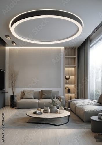 3d living room with beige furniture and circular lamp on the ceiling