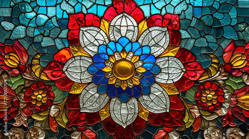 Stained glass window background with colorful Flower and Leaf abstract.
