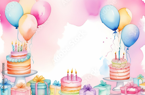 Pastel-colored frame with free space for text  a small birthday cake  candles  balloons  gift boxes with large bows