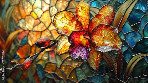 Stained glass window background with colorful Flower and Leaf abstract.  