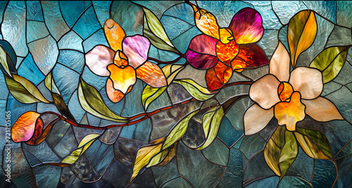 Stained glass window background with colorful Flower and Leaf abstract.	
 photo