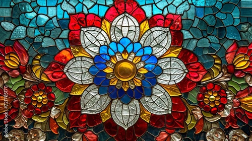 Stained glass window background with colorful Flower and Leaf abstract. 