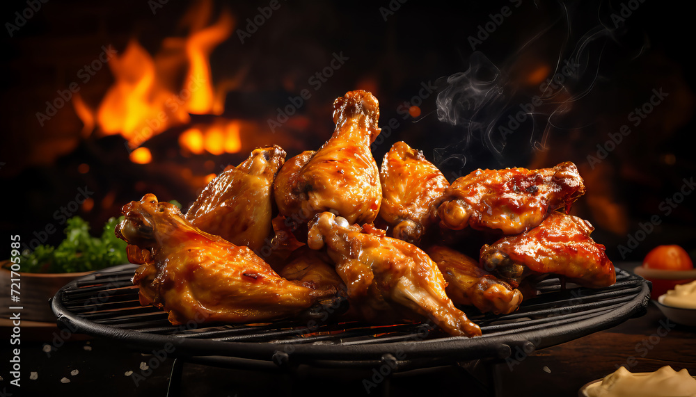 Glossy grilled chicken on a grill with smoke against a dark background, AI generated