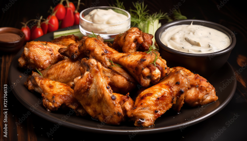 Seasoned chicken wings served with a creamy dip and fresh herbs on a plate, AI generated