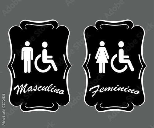 Placa Banheiro com Moldura. Arte para sanitários masculino e feminino de fundo preto, com detalhes em branco.