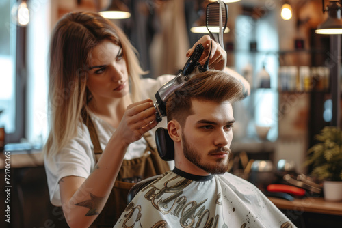 Young female hairdresser working hair clipper with a man