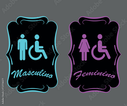 Placa Banheiro com Moldura. Arte para sanitários masculino e feminino de fundo preto, com detalhes em azul e rosa.