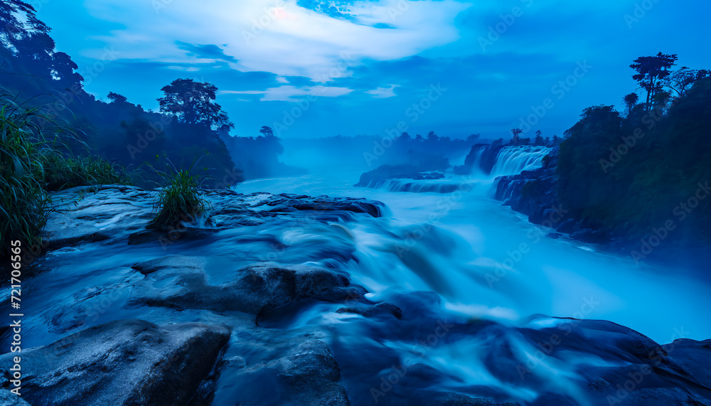 A serene twilight scene with a waterfall flowing from Inga fall in the democratic republic of Congo through rocks surrounded by trees, AI generated	